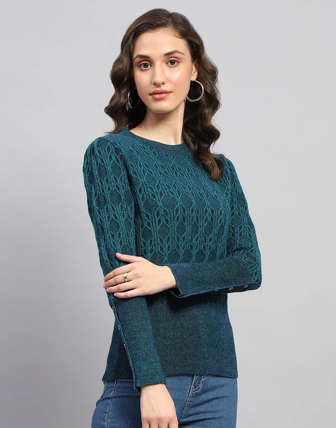 Women Teal Blue Solid Round Neck Full Sleeve Winter Top - Image 4