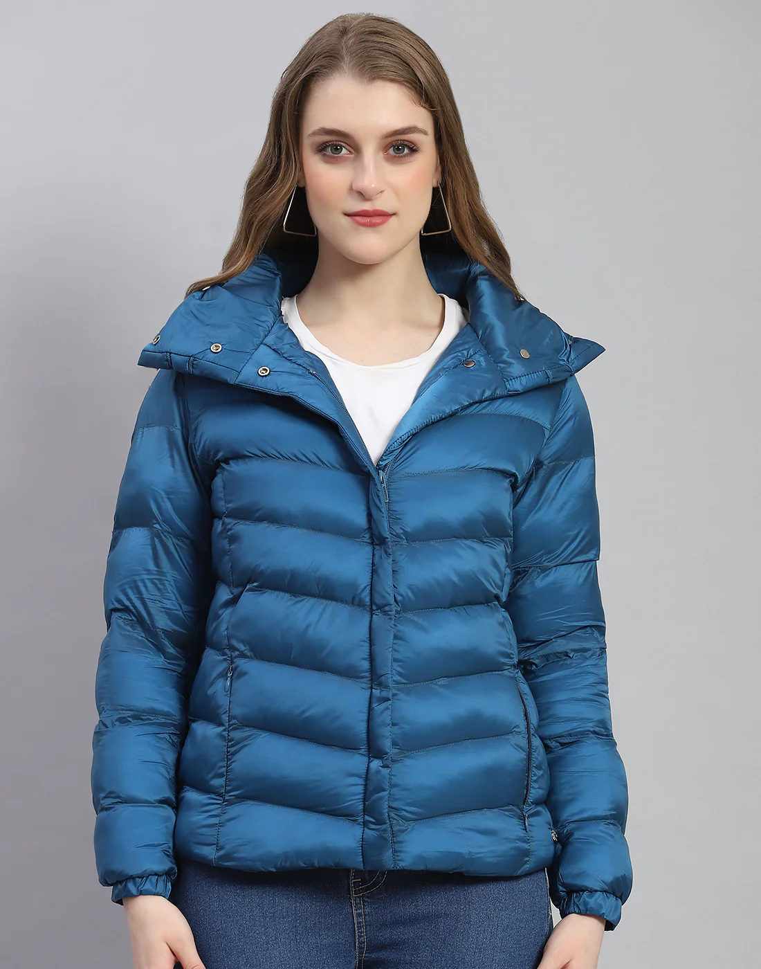 Women Teal Blue Solid Stand Collar Full Sleeve Jacket - Image 4