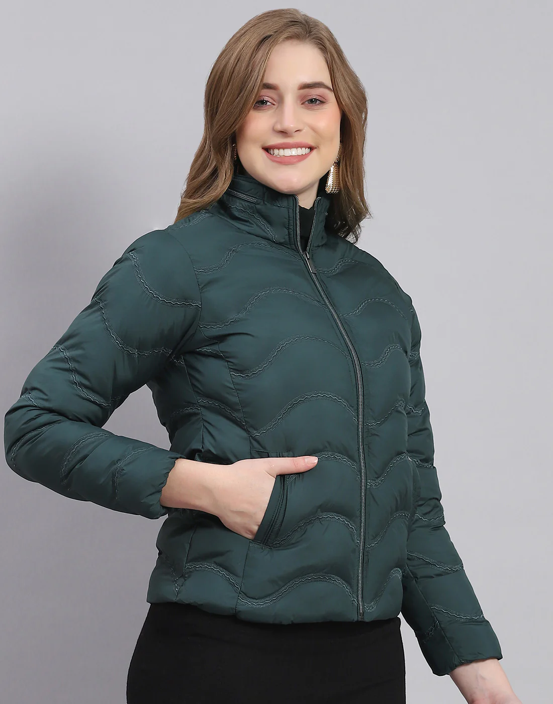 Women Teal Blue Solid Stand Collar Full Sleeve Jacket - Image 4