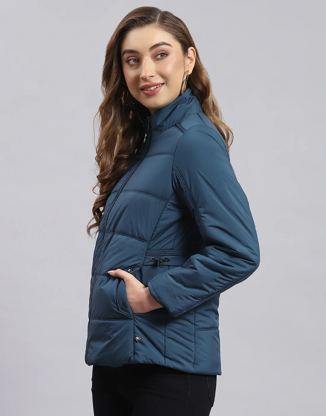 Women Teal Blue Solid Stand Collar Full Sleeve Jacket - Image 3