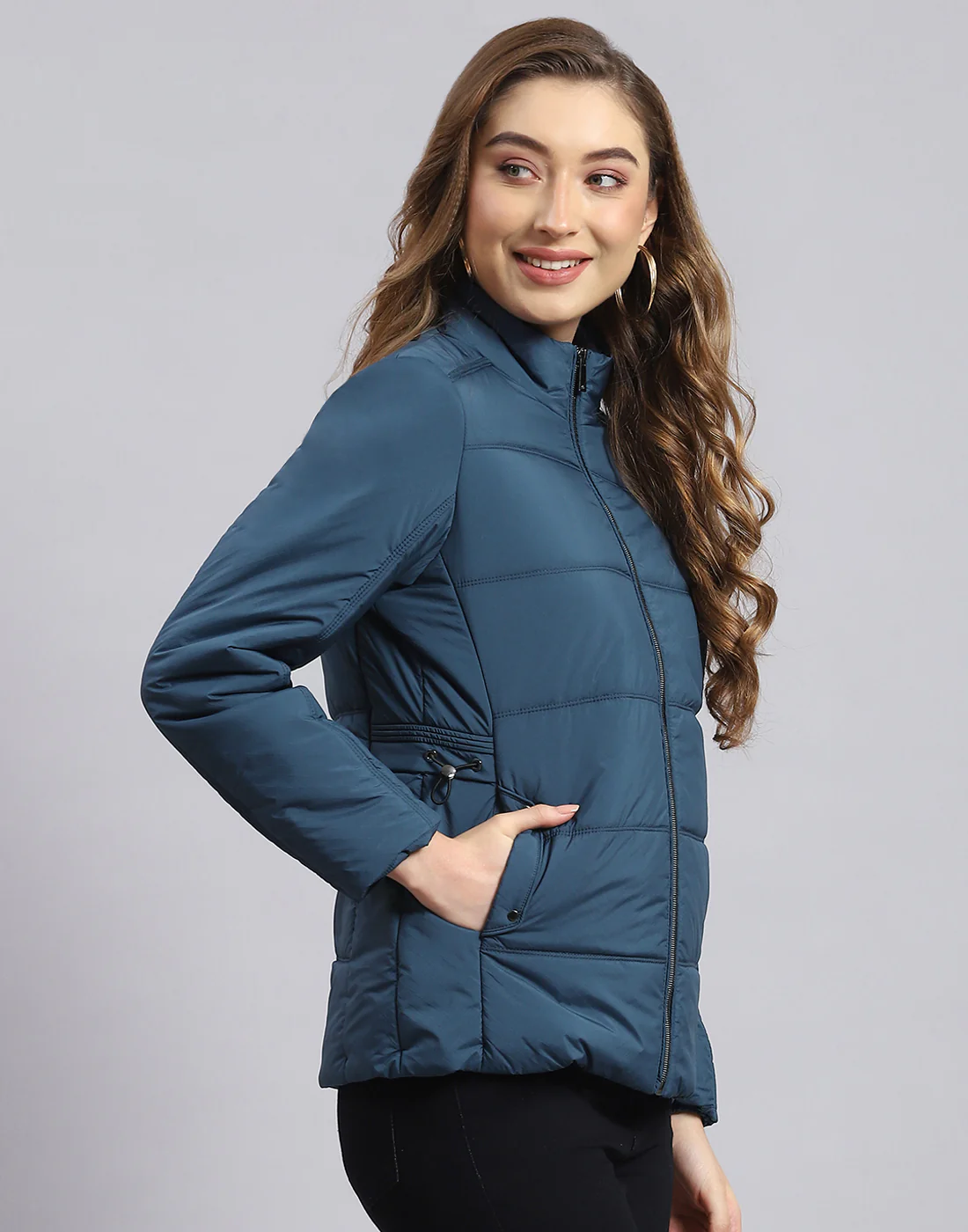 Women Teal Blue Solid Stand Collar Full Sleeve Jacket - Image 4