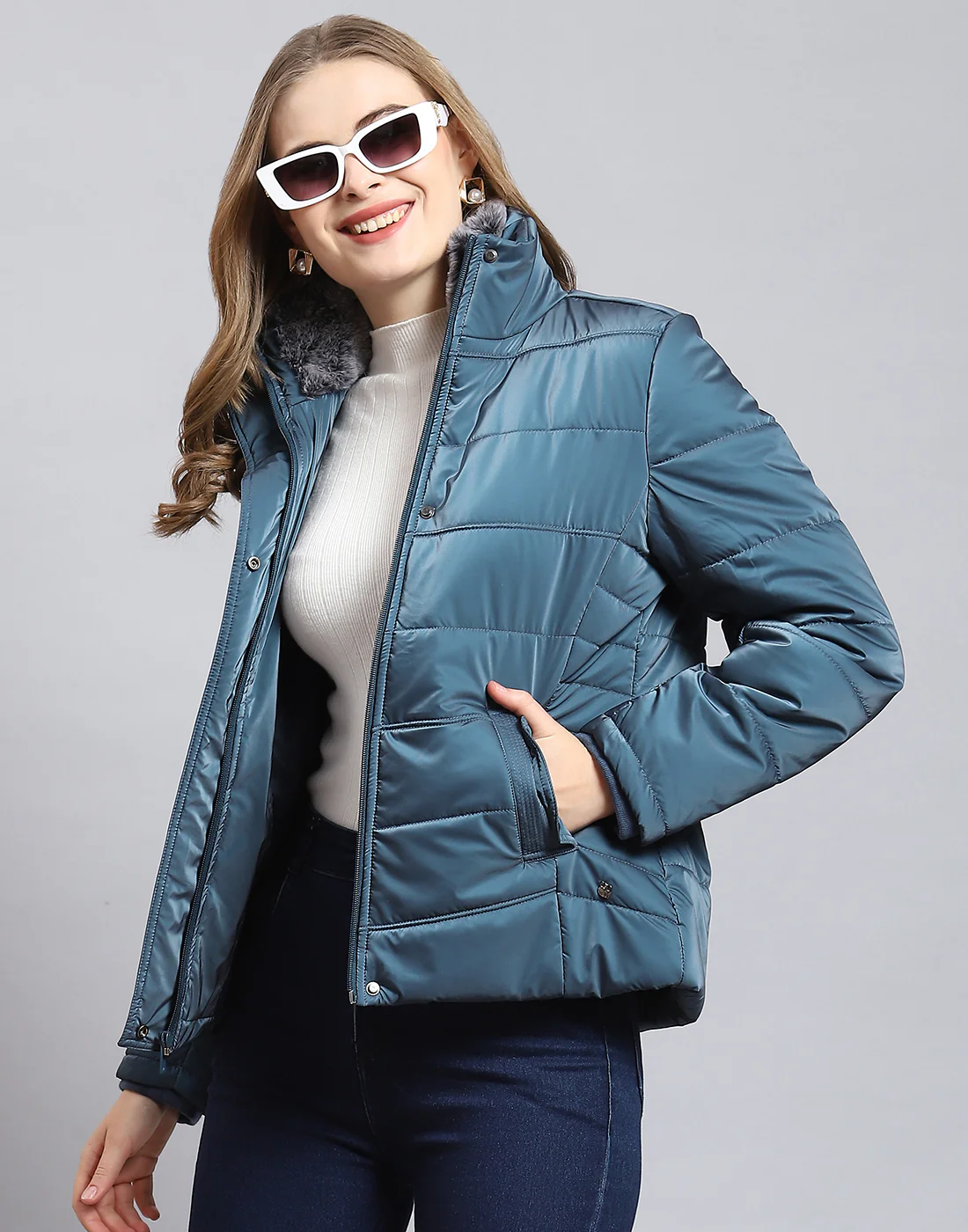 Women Teal Blue Solid Stand Collar Full Sleeve Jacket - Image 6