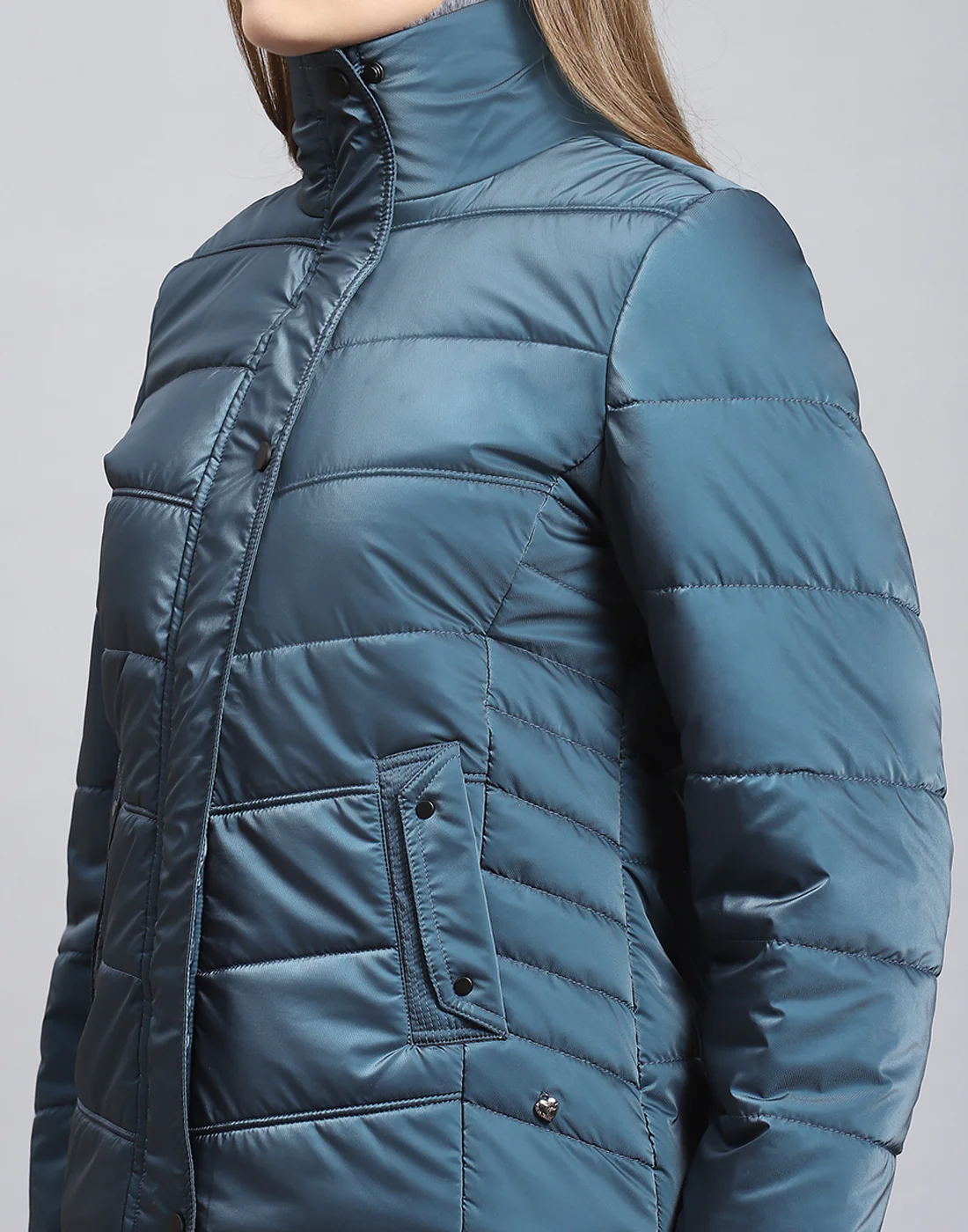 Women Teal Blue Solid Stand Collar Full Sleeve Jacket - Image 7