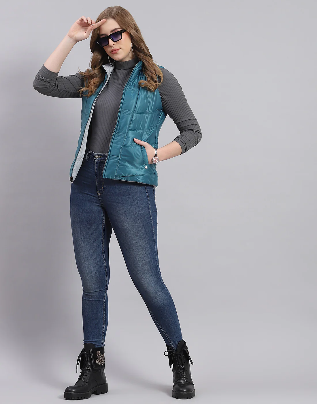 Women Teal Blue Solid Stand Collar Sleeveless Jacket - Image 3