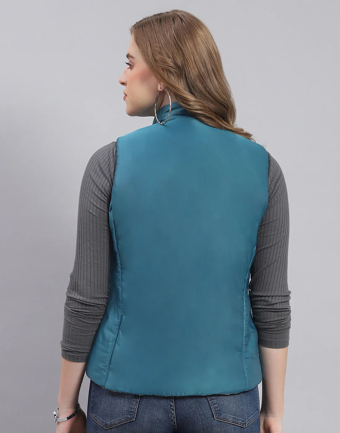Women Teal Blue Solid Stand Collar Sleeveless Jacket - Image 6