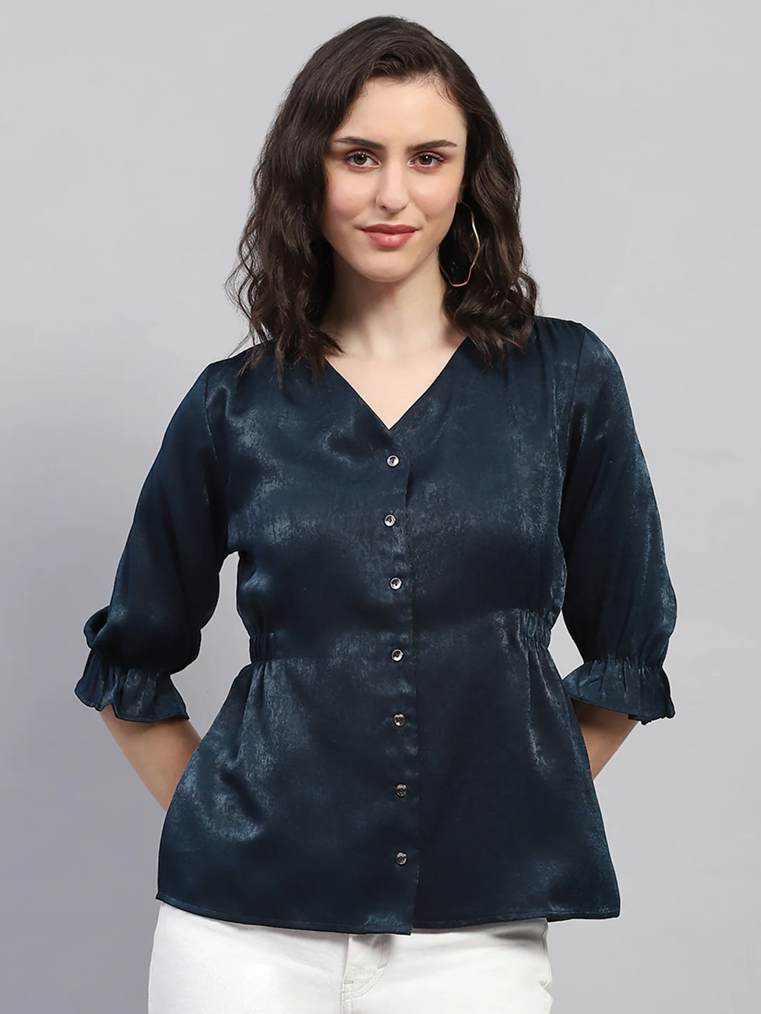 Women Teal Blue Solid V Neck 3/4 Sleeve Top - Image 3