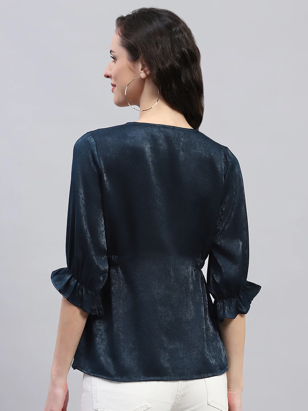 Women Teal Blue Solid V Neck 3/4 Sleeve Top - Image 6