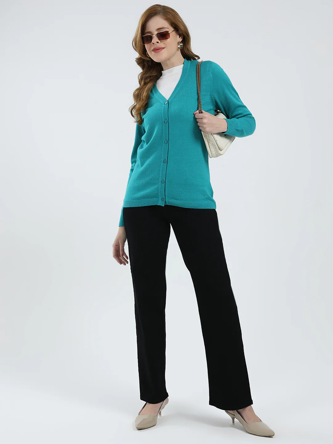 Women Teal Blue Solid V Neck Full Sleeve Cardigan - Image 2
