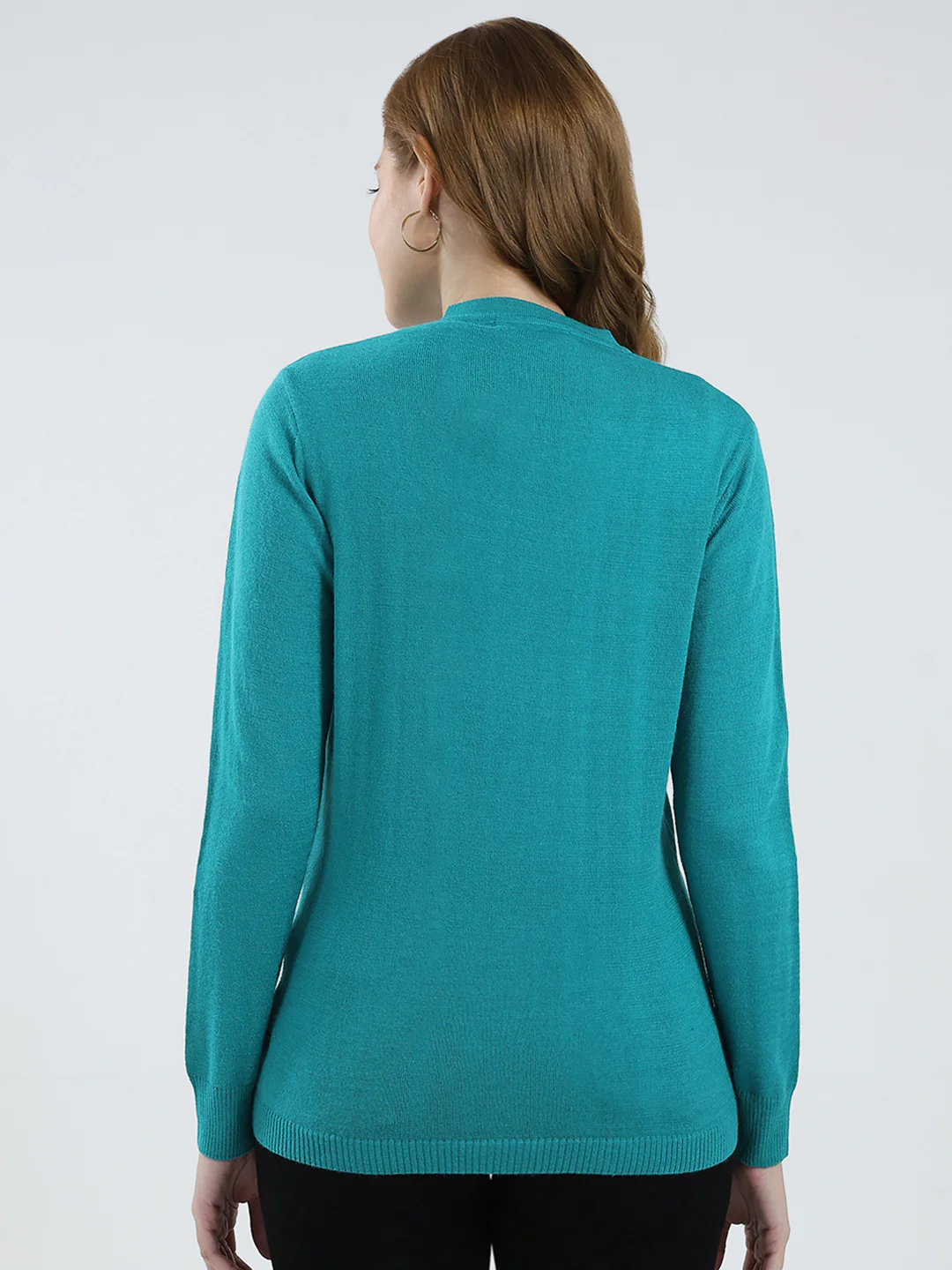 Women Teal Blue Solid V Neck Full Sleeve Cardigan - Image 5