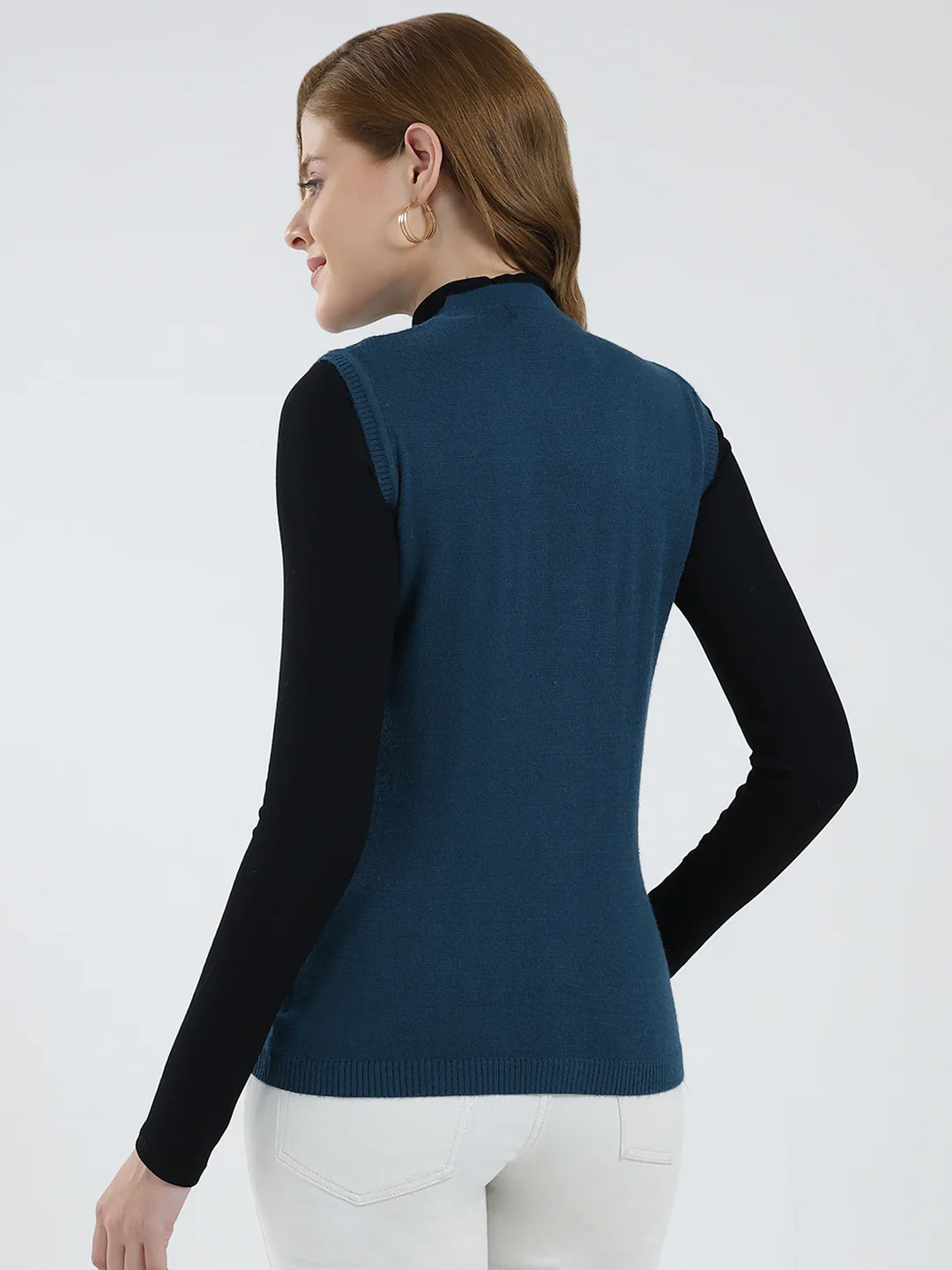 Women Teal Blue Solid V Neck Sleeveless Cardigan - Image 5