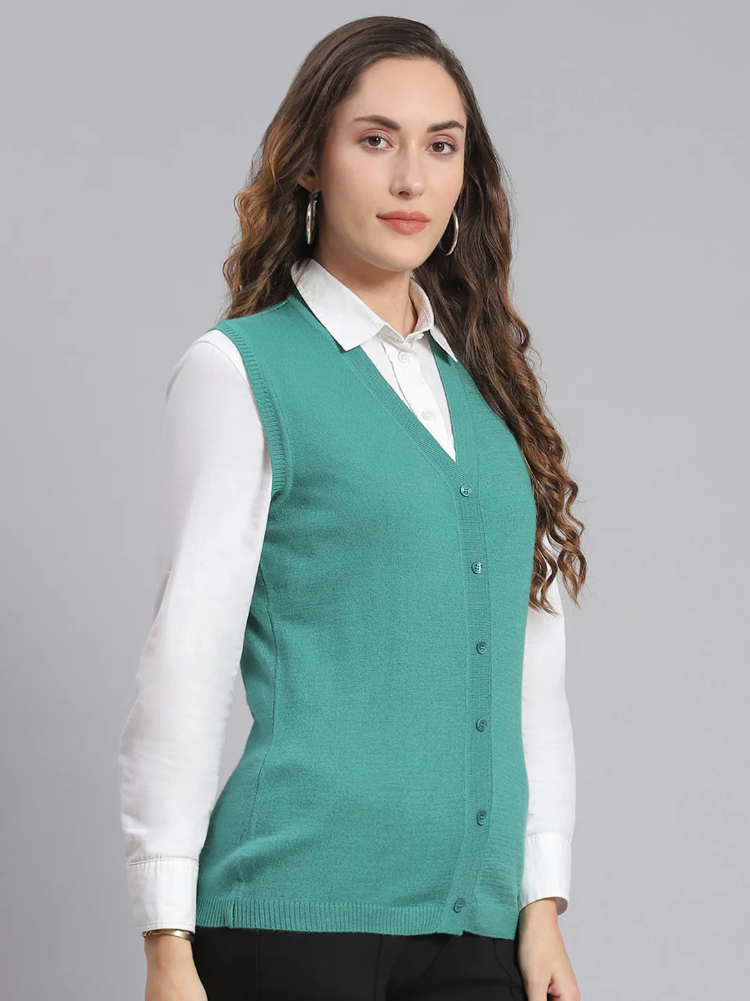 Women Teal Blue Solid V Neck Sleeveless Cardigans - Image 4