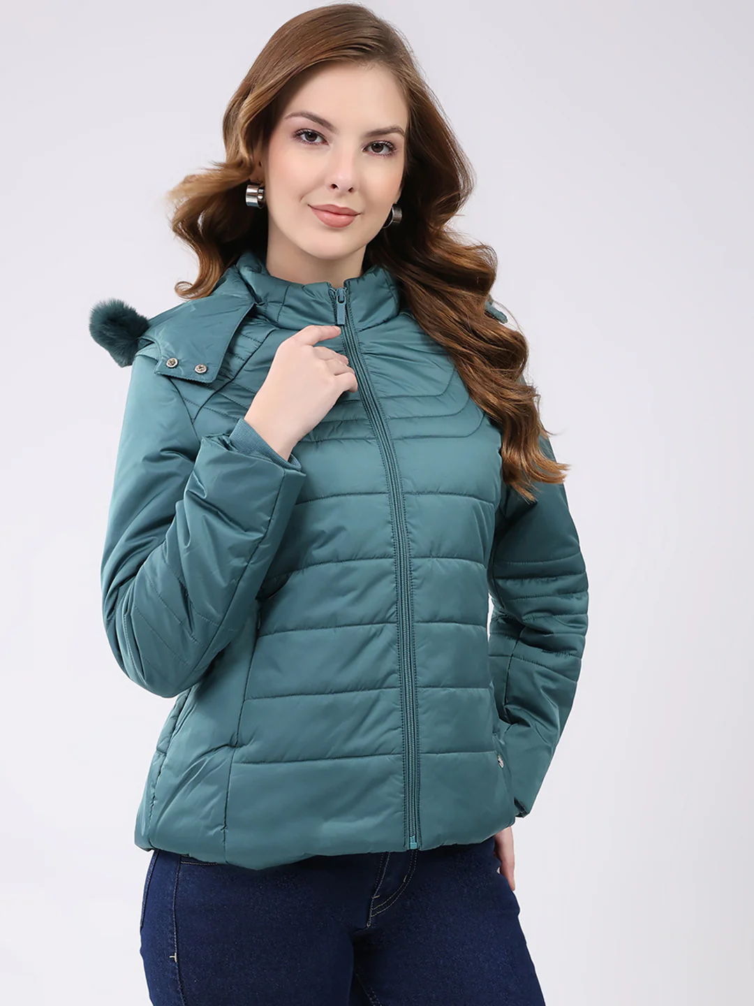 Women Teal Green Solid Hooded Full Sleeve Jacket - Image 4