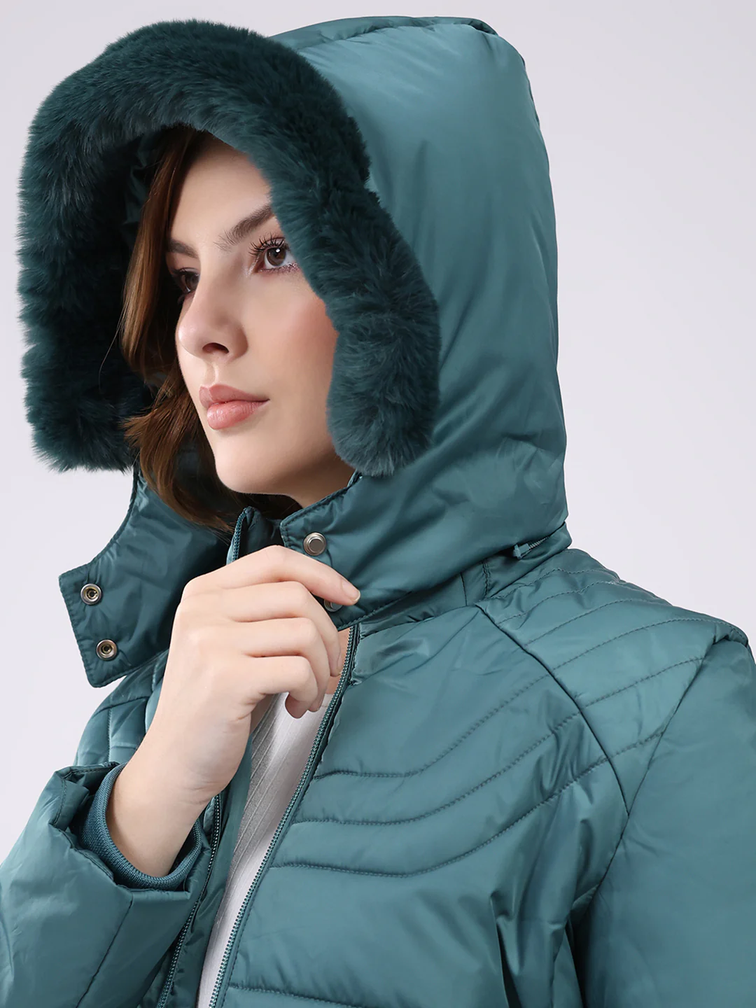 Women Teal Green Solid Hooded Full Sleeve Jacket - Image 7