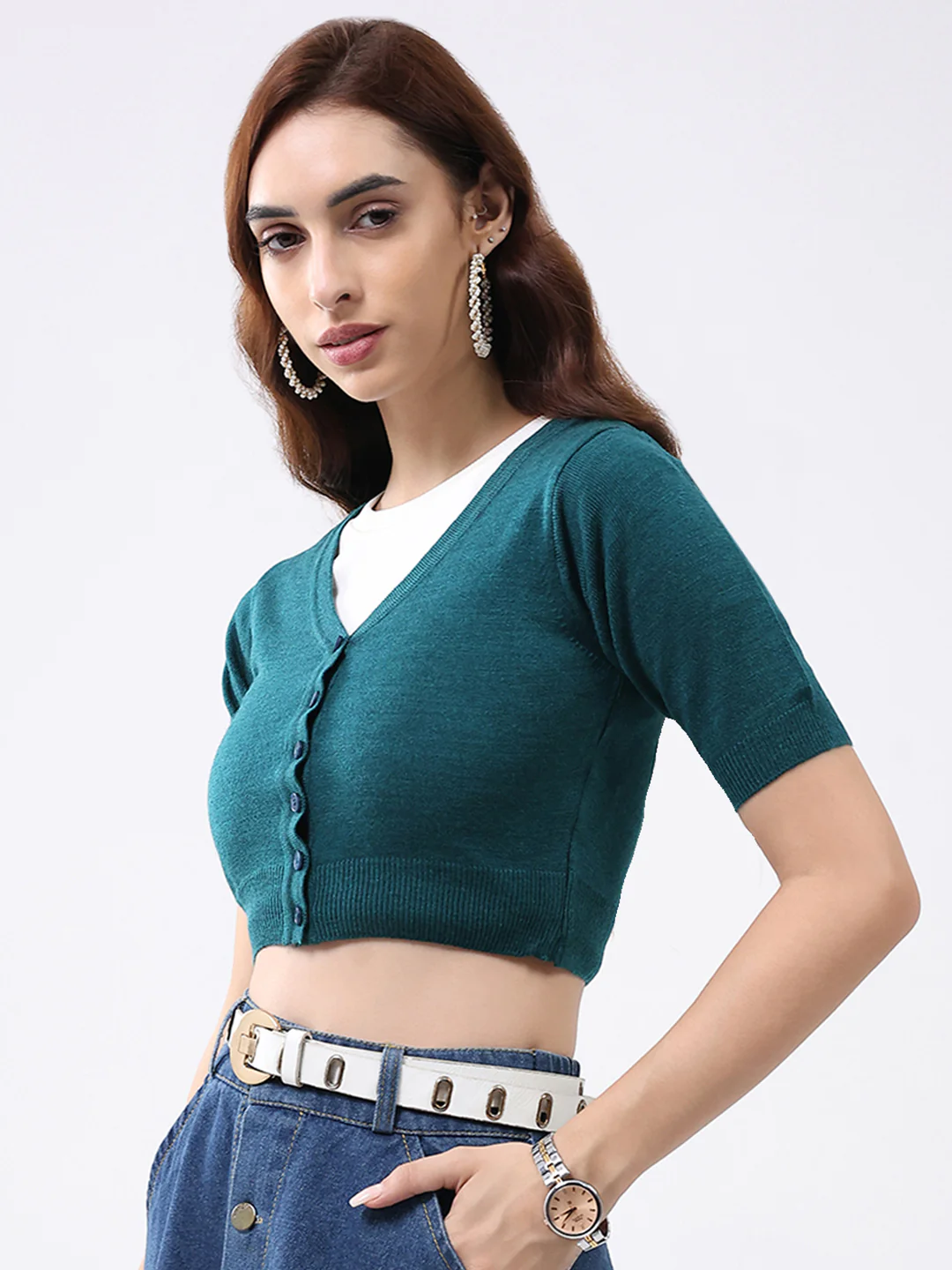 Women Teal Green Solid V Neck Half Sleeve Cardigan - Image 3