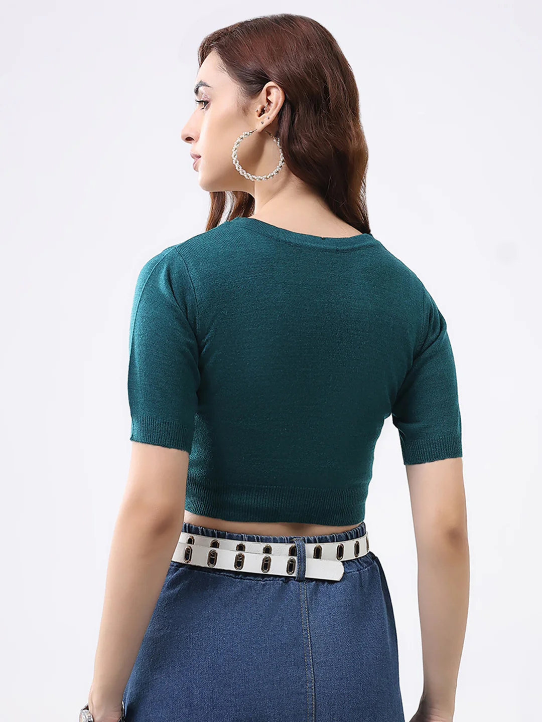 Women Teal Green Solid V Neck Half Sleeve Cardigan - Image 5