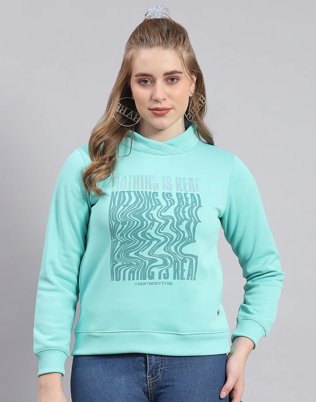 Women Turquoise Blue Printed H Neck Full Sleeve Sweatshirt - Image 2
