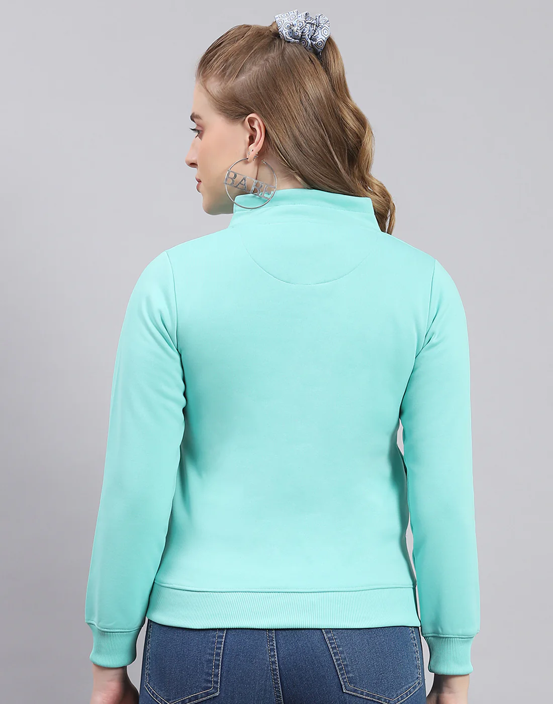 Women Turquoise Blue Printed H Neck Full Sleeve Sweatshirt - Image 5