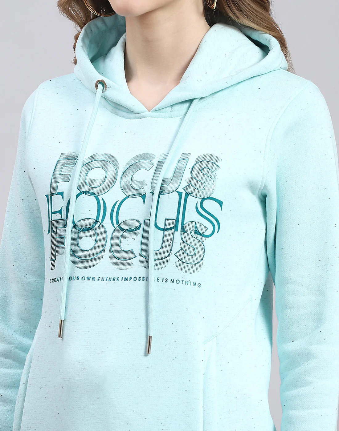 Women Turquoise Blue Printed Hooded Full Sleeve Sweatshirt - Image 6