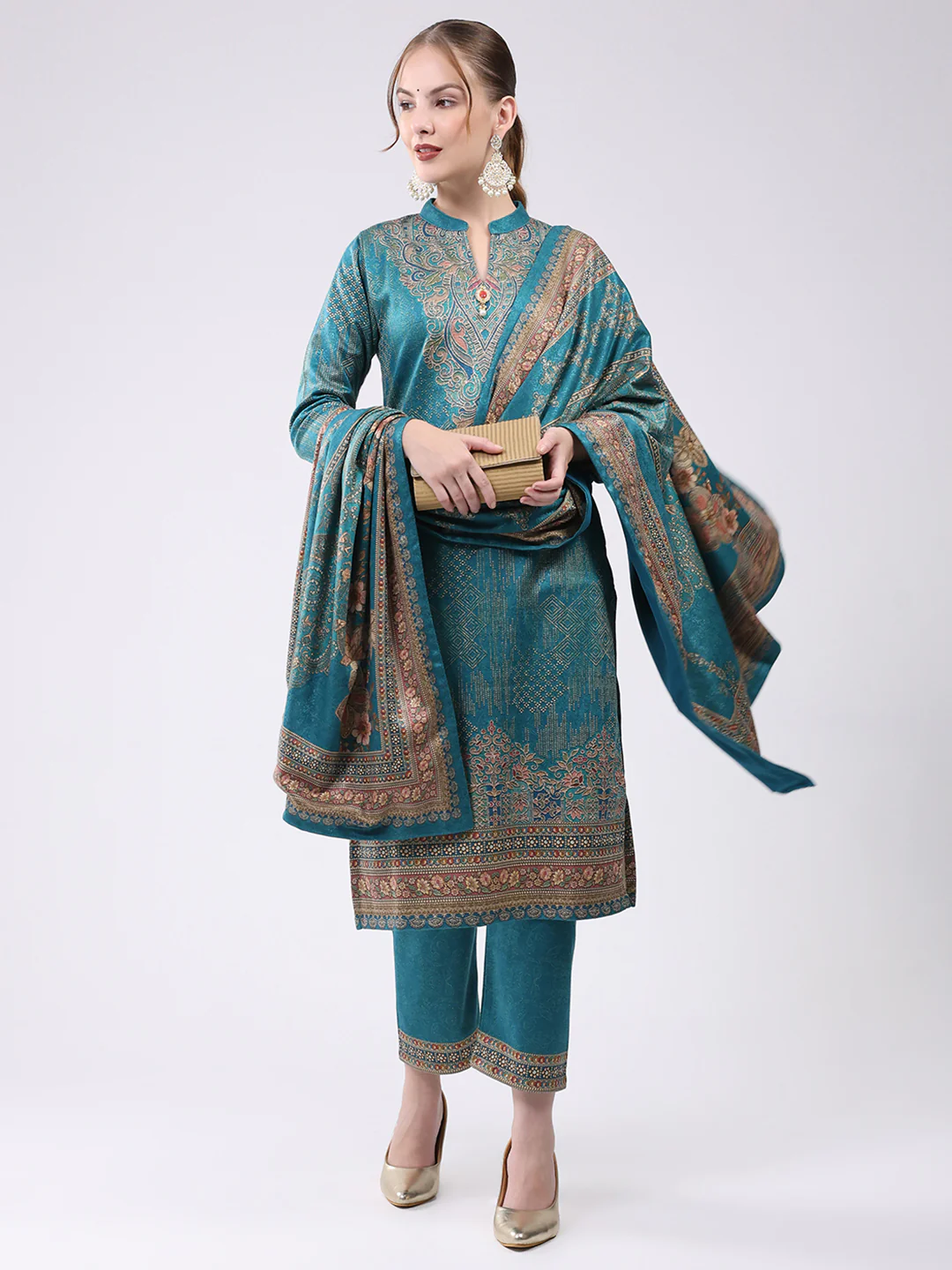 Women Turquoise Blue Printed Round Neck Full Sleeve Kurti Set for Winter - Image 2