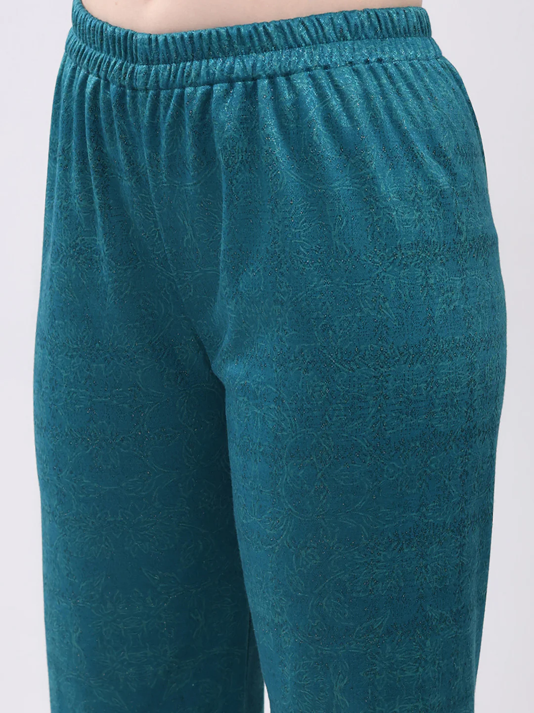 Women Turquoise Blue Printed Round Neck Full Sleeve Kurti Set for Winter - Image 8