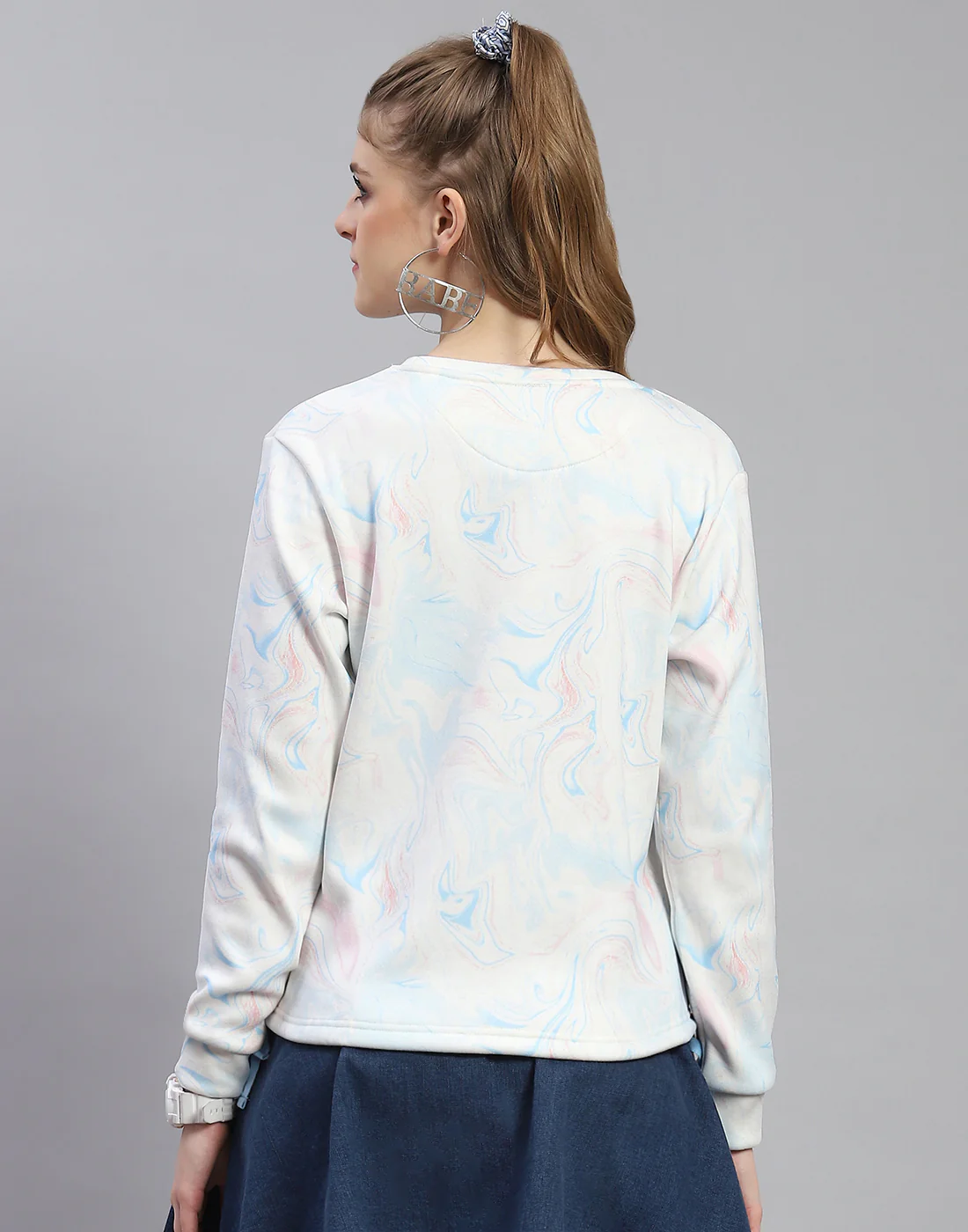 Women Turquoise Blue Printed Round Neck Full Sleeve Sweatshirt - Image 5