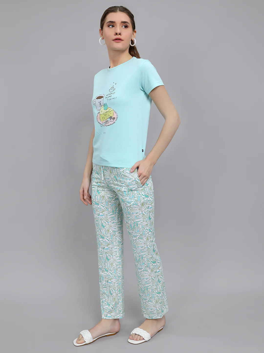 Women Turquoise Blue Printed Round Neck Half Sleeve Lower Set - Image 2