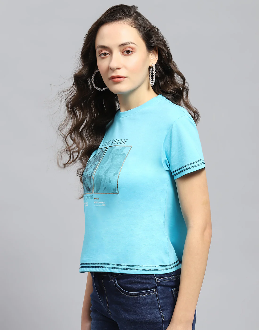 Women Turquoise Blue Printed Round Neck Half Sleeve Top - Image 3