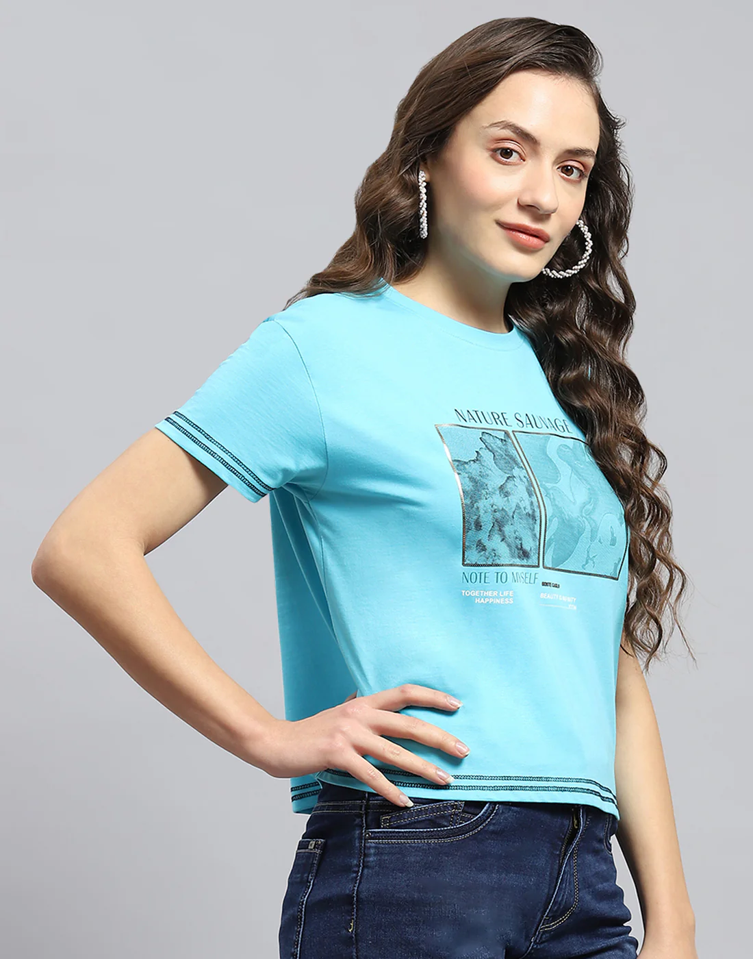 Women Turquoise Blue Printed Round Neck Half Sleeve Top - Image 4