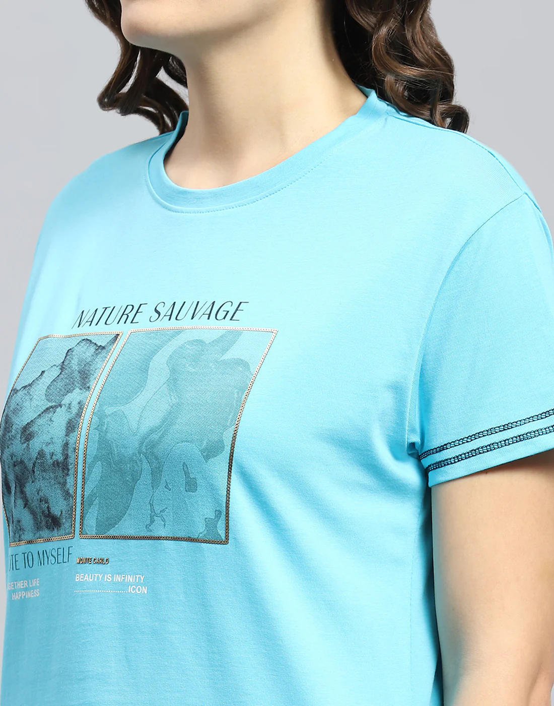 Women Turquoise Blue Printed Round Neck Half Sleeve Top - Image 6