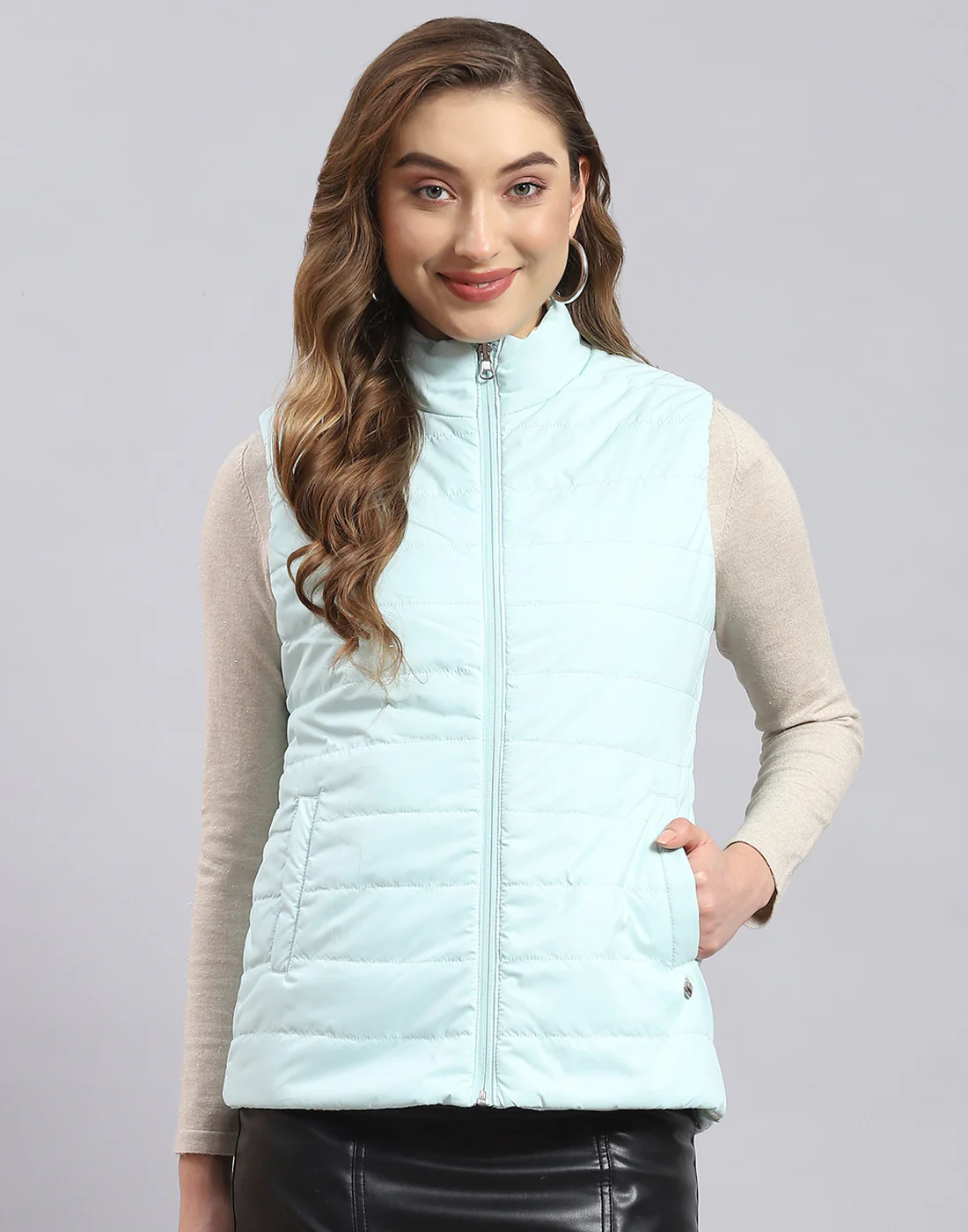 Women Turquoise Blue Printed Stand Collar Sleeveless Jacket - Image 2