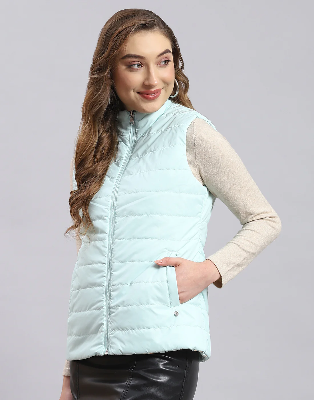 Women Turquoise Blue Printed Stand Collar Sleeveless Jacket - Image 3