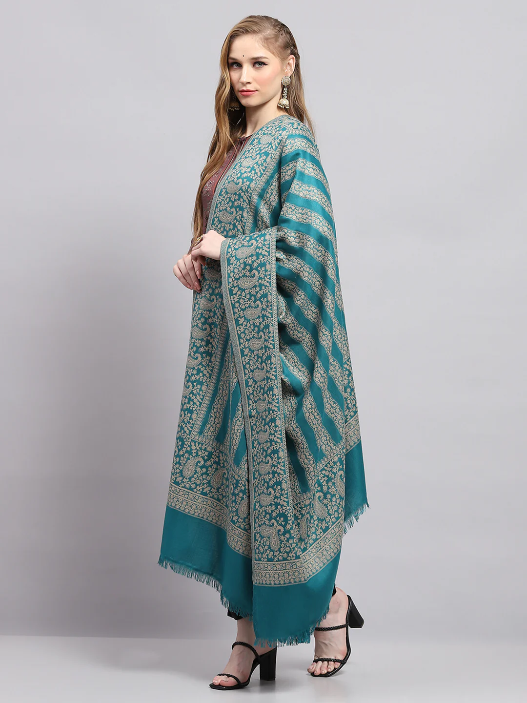 Women Turquoise Blue Self Design Shawl - Image 3