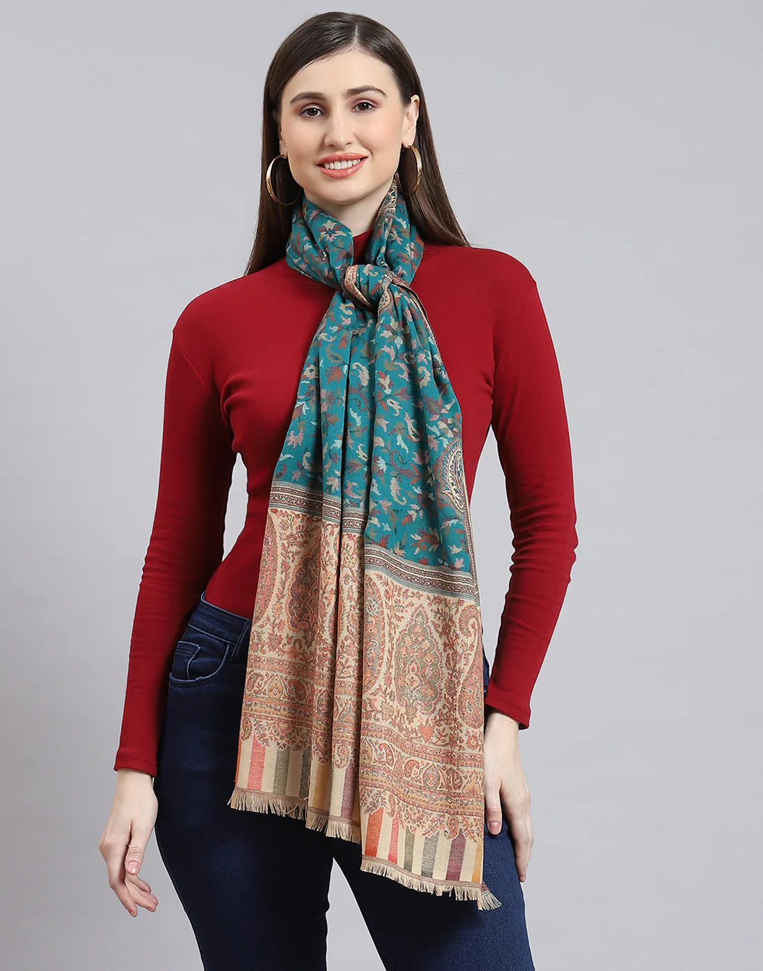 Women Turquoise Blue Self Design Stole - Image 2