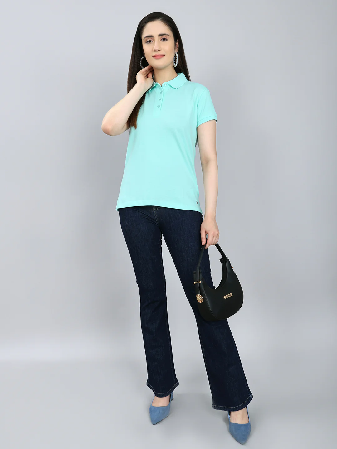 Women Turquoise Blue Solid Collar Half Sleeve T-Shirt - Image 6