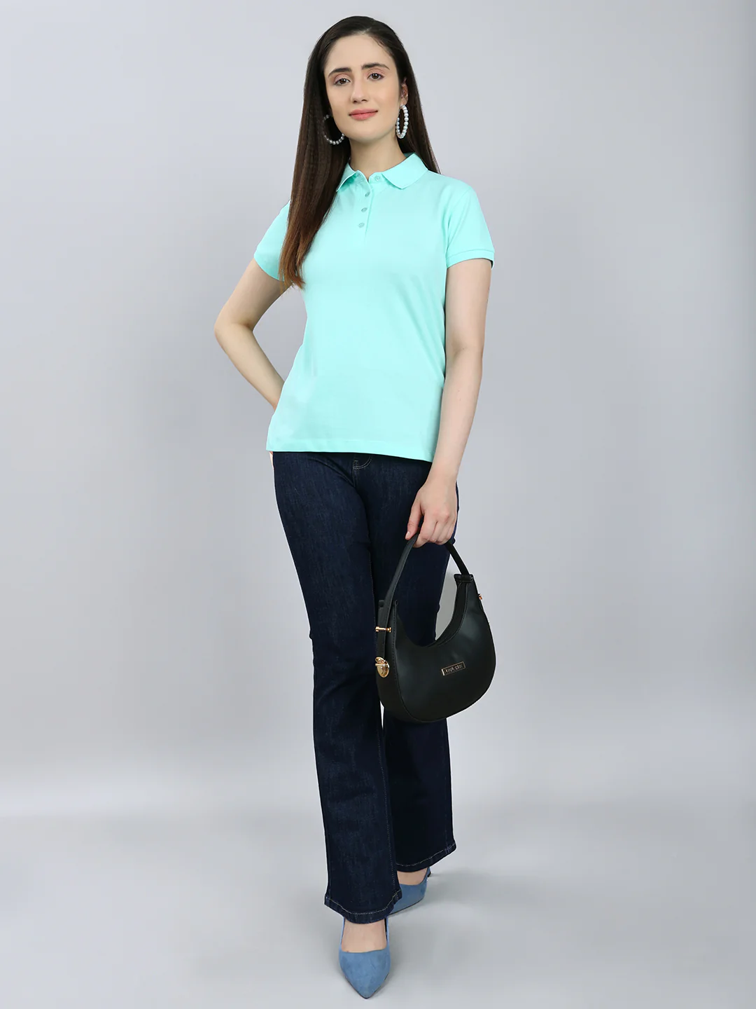 Women Turquoise Blue Solid Collar Half Sleeve T-Shirt - Image 7
