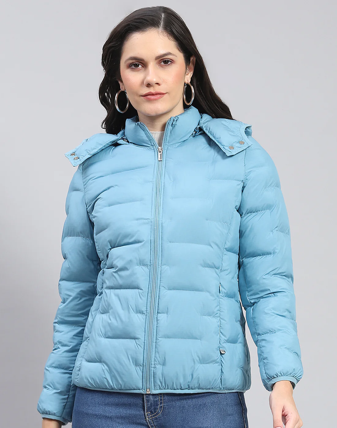 Women Turquoise Blue Solid Hooded Full Sleeve Jacket - Image 2