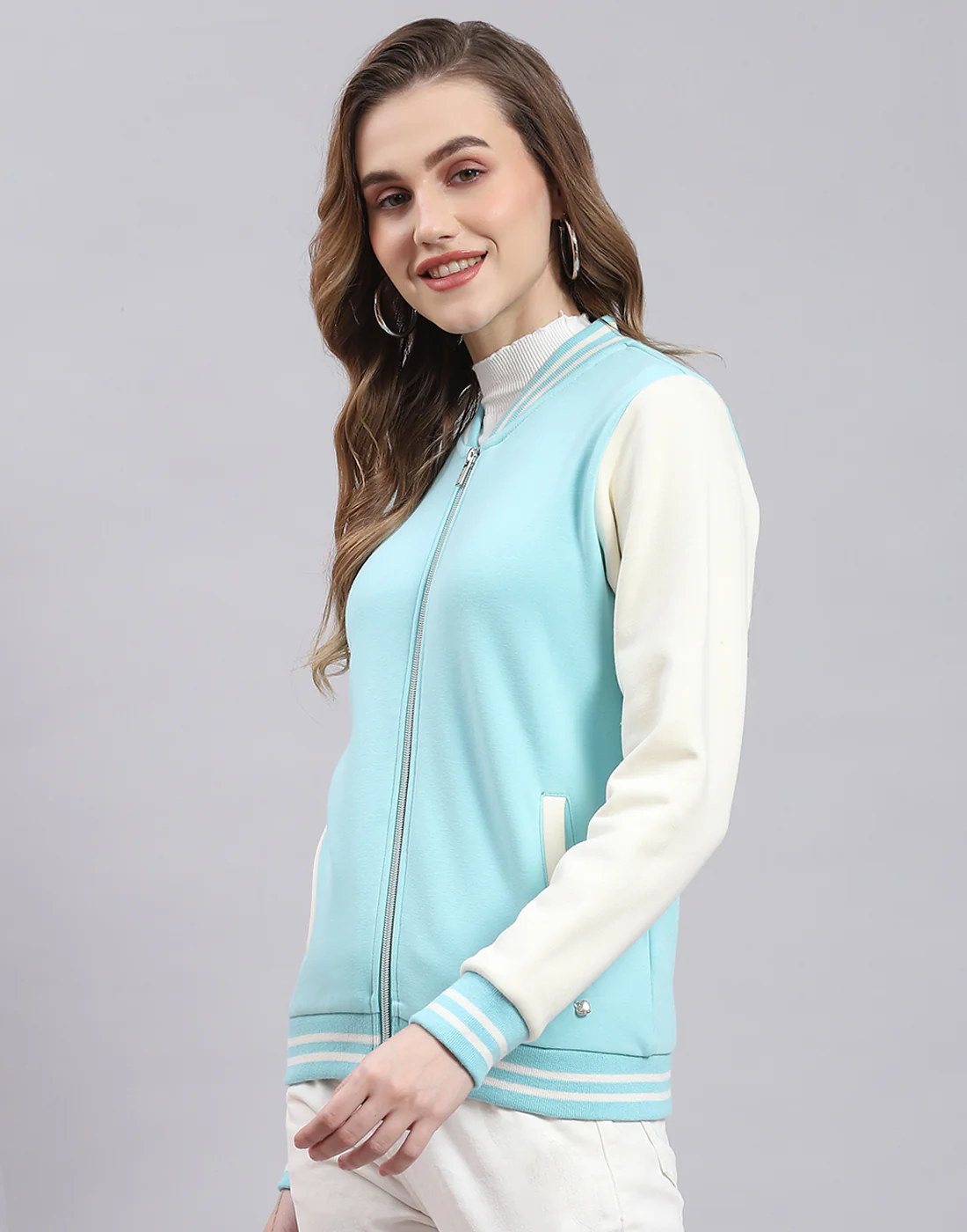 Women Turquoise Blue Solid Stand Collar Full Sleeve Sweatshirt - Image 4