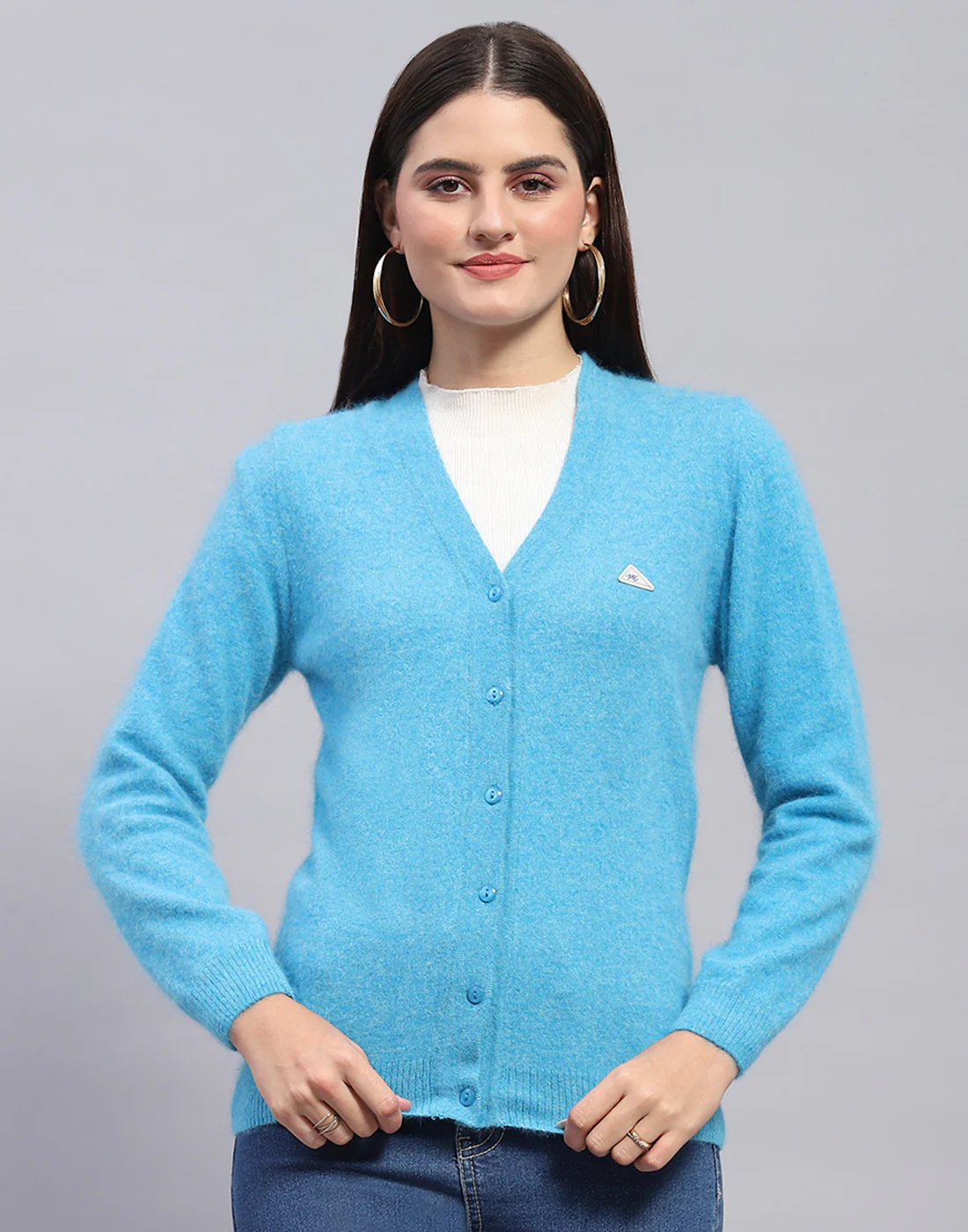 Women Turquoise Blue Solid V Neck Full Sleeve Cardigan - Image 2