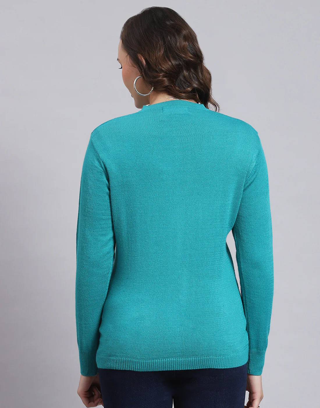 Women Turquoise Blue Solid V Neck Full Sleeve Cardigan - Image 5