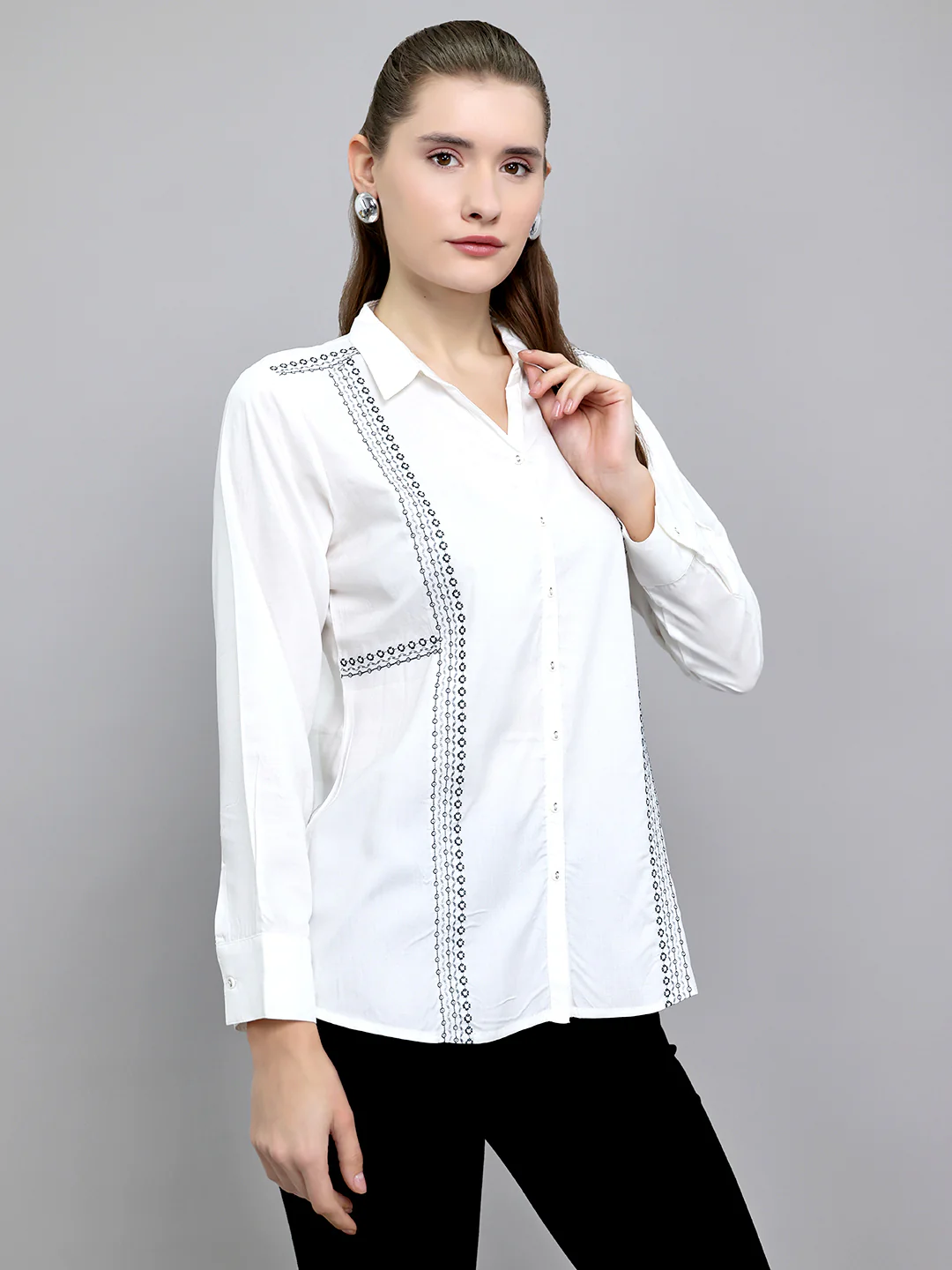 Women White Embroidered Front Open Full Sleeve Top - Image 3