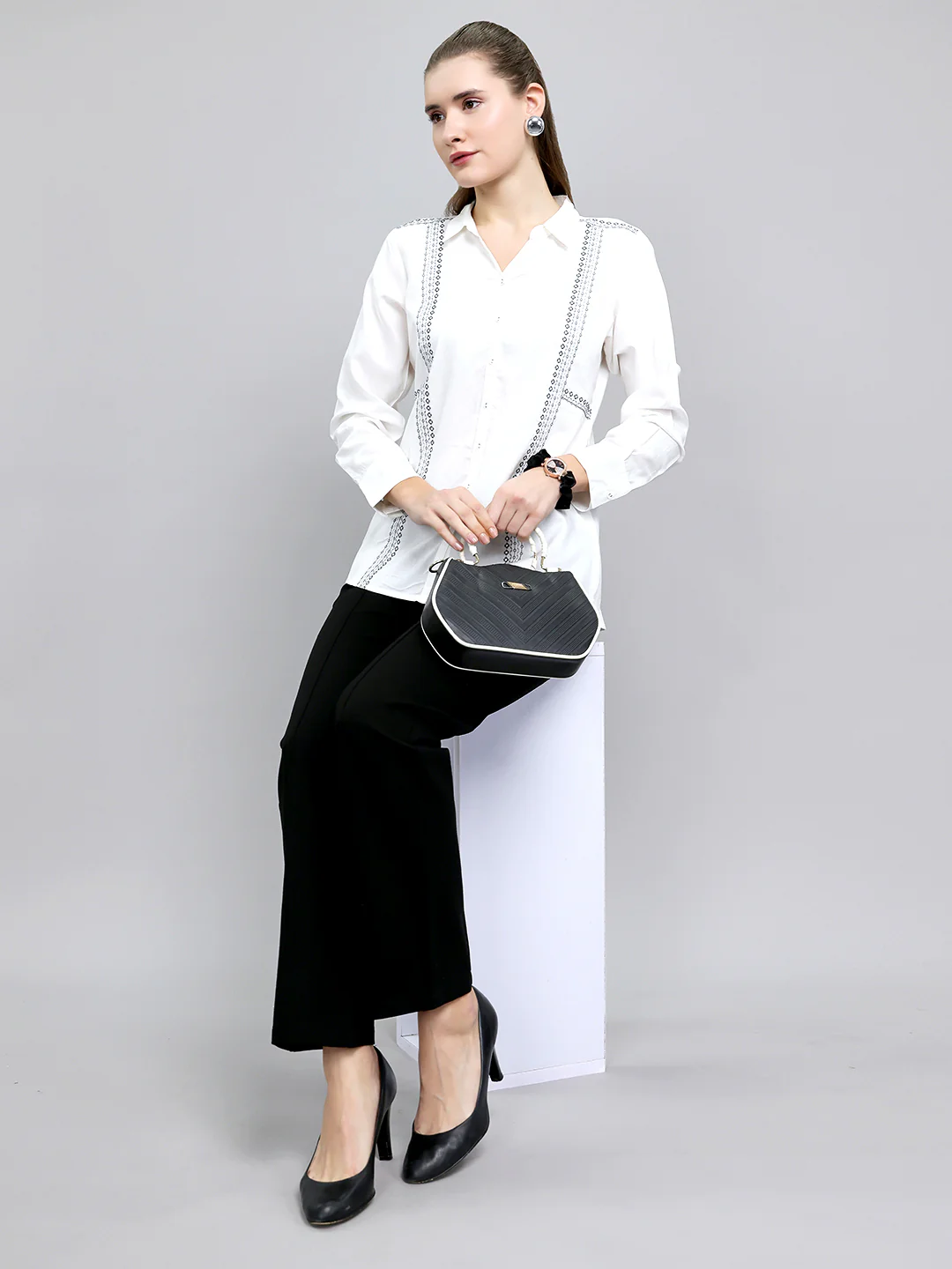 Women White Embroidered Front Open Full Sleeve Top - Image 6