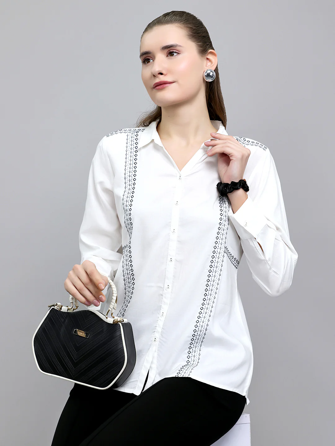 Women White Embroidered Front Open Full Sleeve Top - Image 7