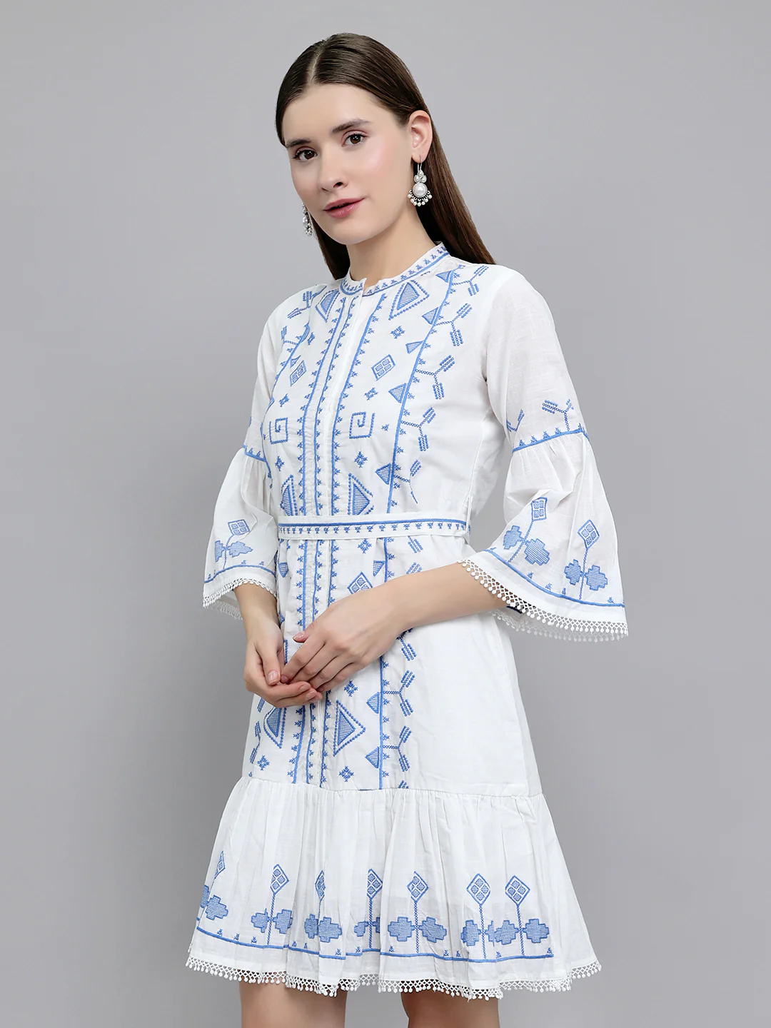 Women White Embroidered Henley Neck 3/4th Sleeve Tunic - Image 2