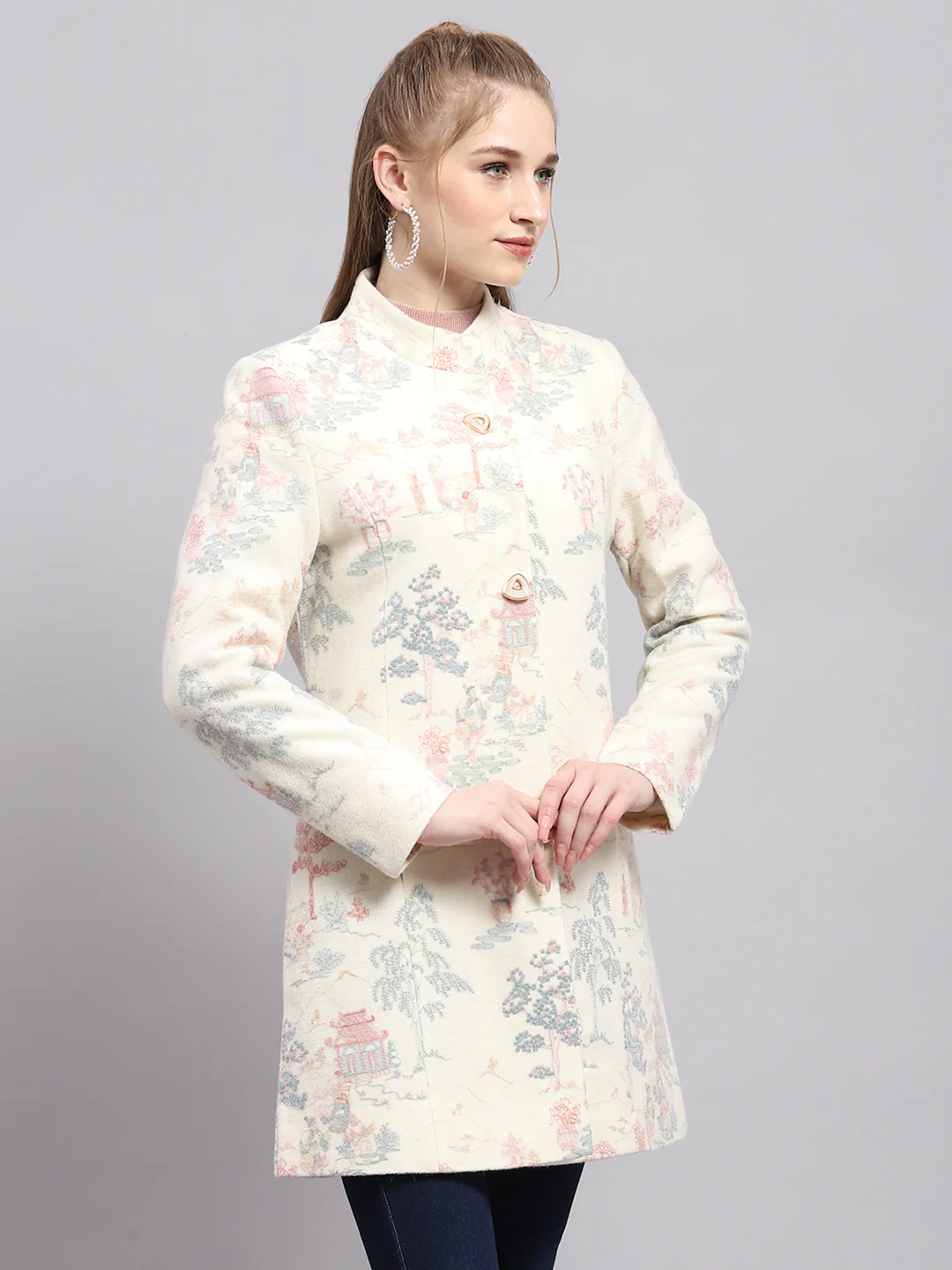 Women White Embroidered Mock Neck Full Sleeve Coat - Image 4