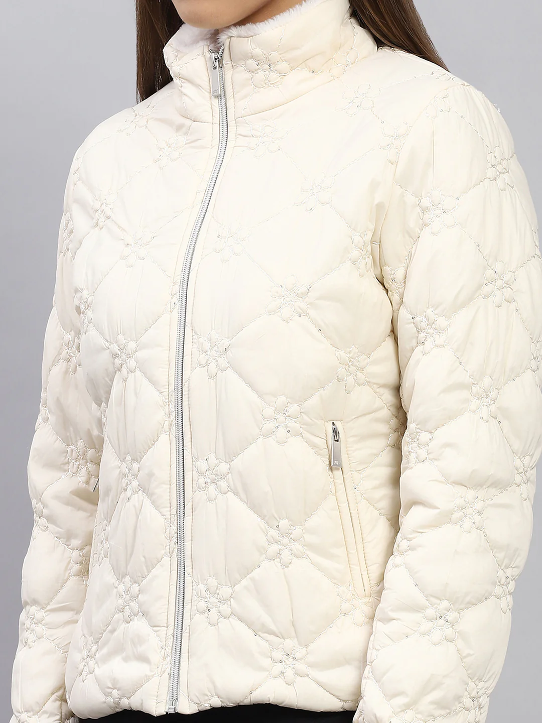 Women White Embroidered Mock Neck Full Sleeve Jacket - Image 6