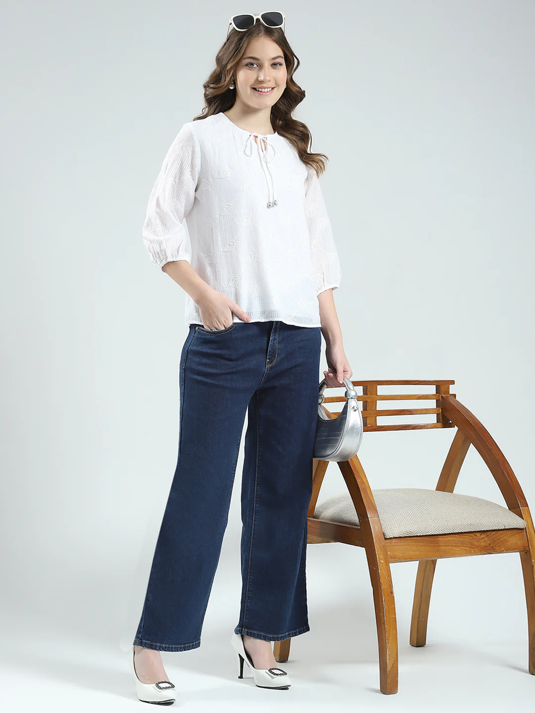 Women White Embroidered Round Neck 3/4th Sleeve Top - Image 2