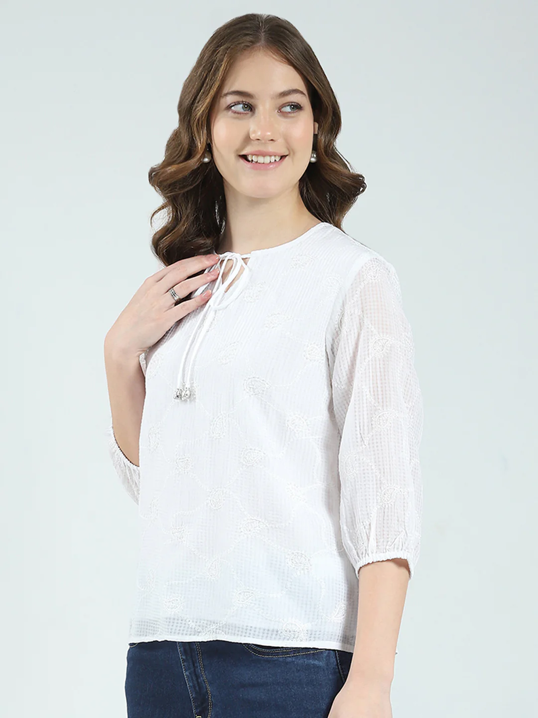 Women White Embroidered Round Neck 3/4th Sleeve Top - Image 3