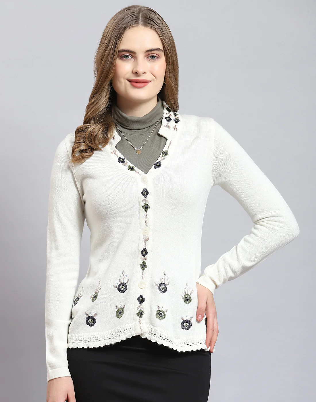 Women White Embroidered V Neck Full Sleeve Cardigan - Image 2