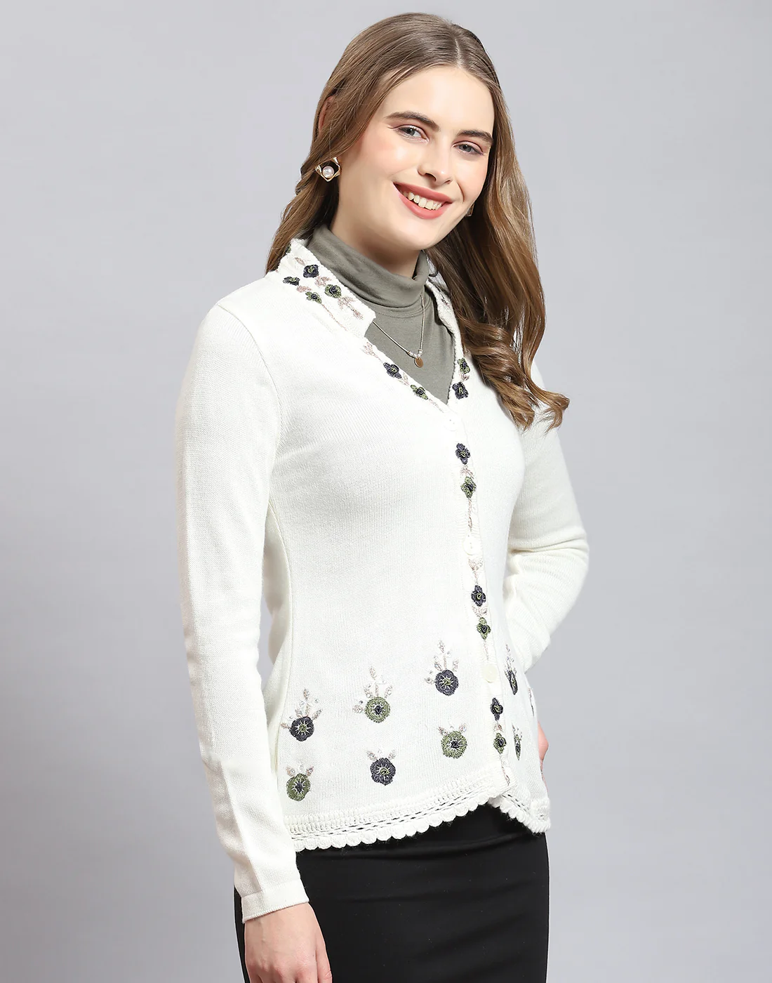 Women White Embroidered V Neck Full Sleeve Cardigan - Image 4