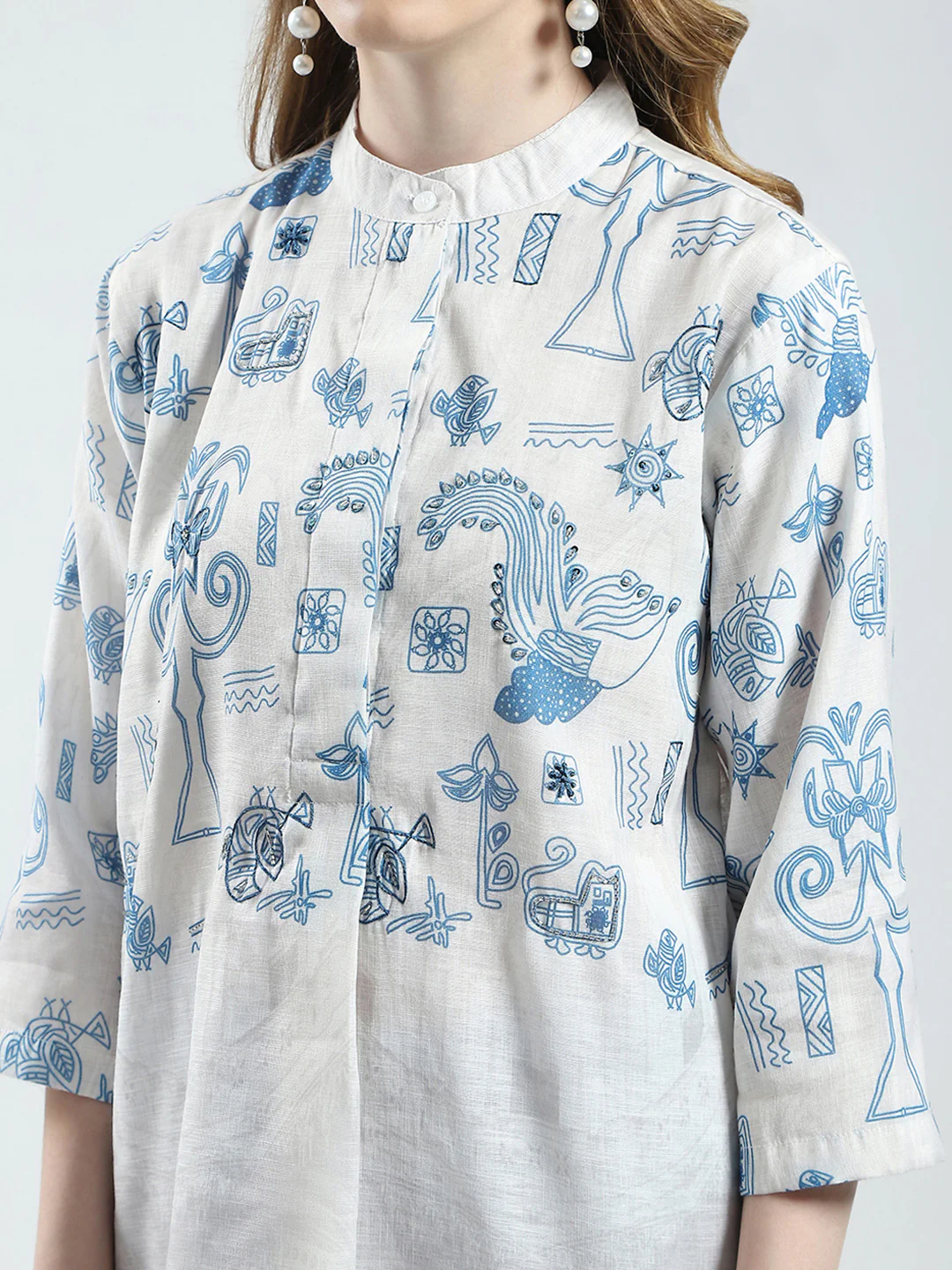 Women White Printed Band Collar 3/4th Sleeve Top - Image 6